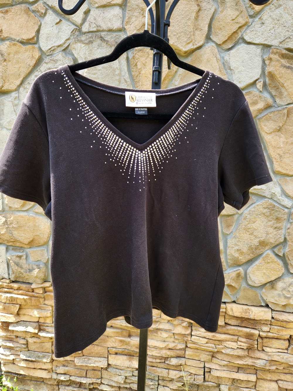Christine Alexander Black Short Sleeve V-Neck Top with Silver-Tone Stud Accents